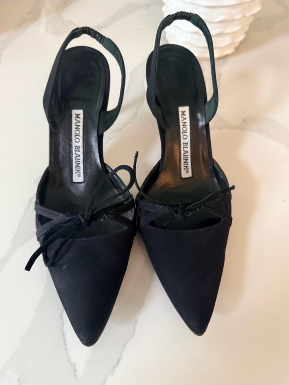 Manolo Blahnik Black Pointed Toe Slingback Heels with Bow Detail